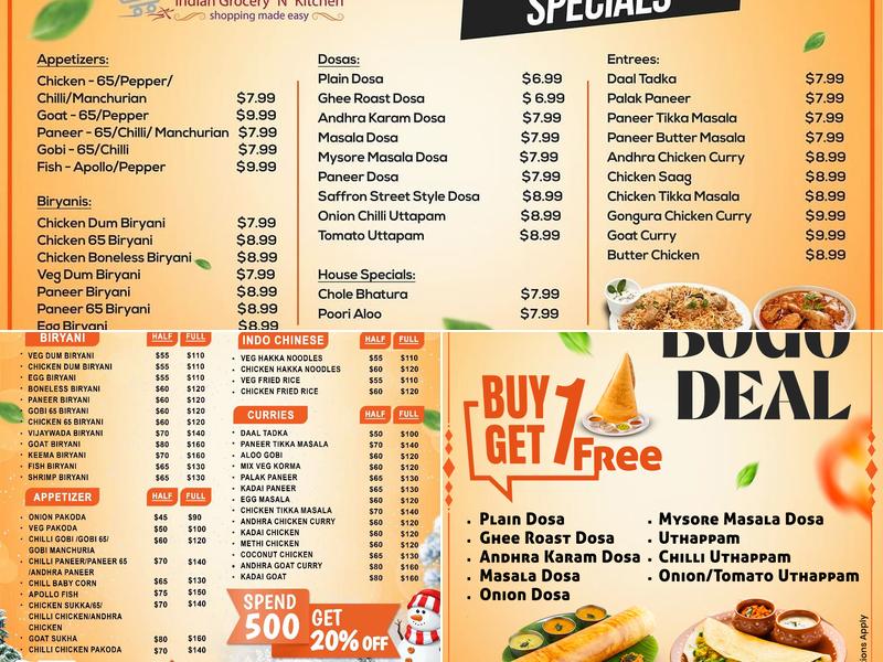 Saffron Indian Grocery N Kitchen Menu