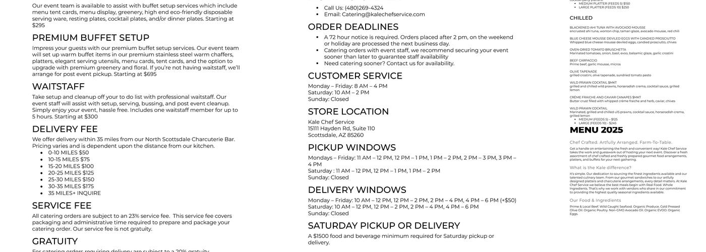 Kale Chef Service Menu