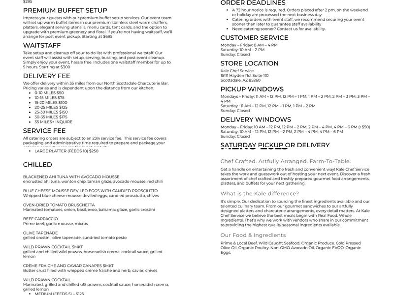 Kale Chef Service Menu