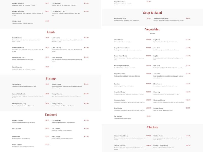 Shades Of Curry Menu