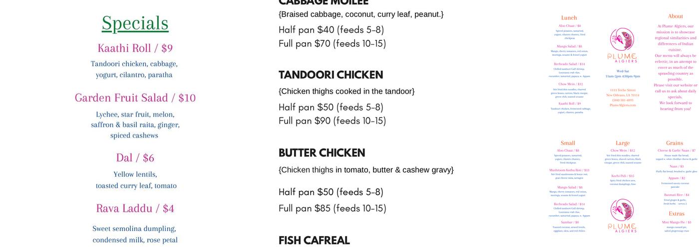 Plume Algiers Menu