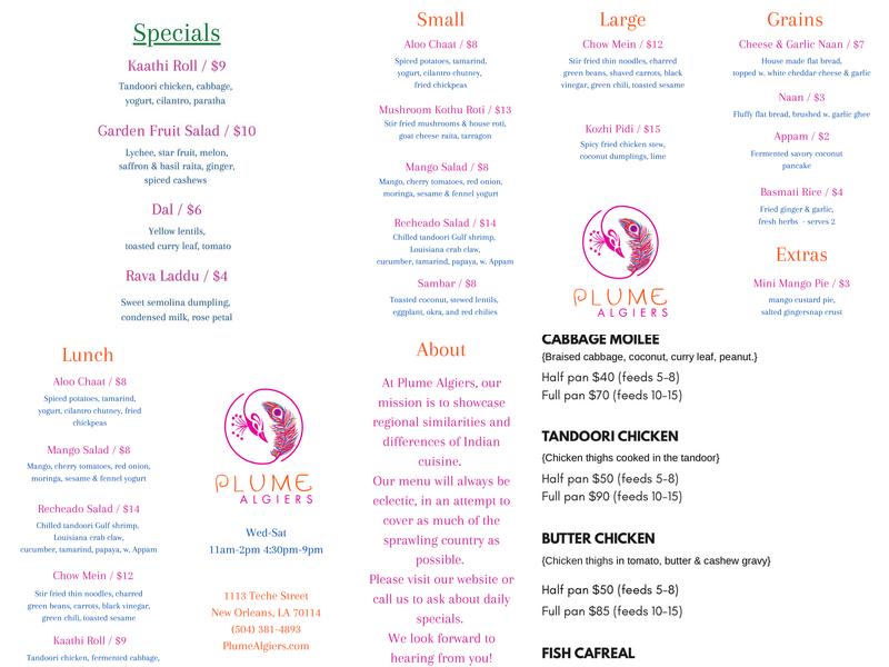 Plume Algiers Menu