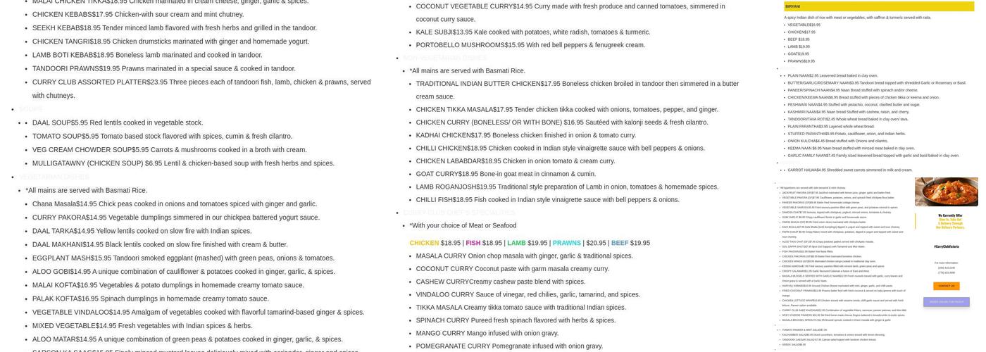 Curry Club Victoria Menu