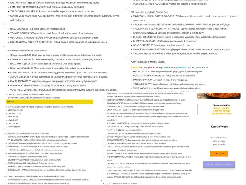 Curry Club Victoria Menu