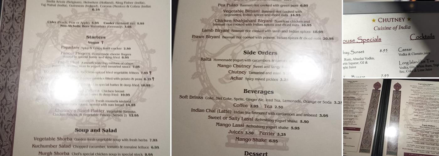 Chutney Cuisine of India Menu