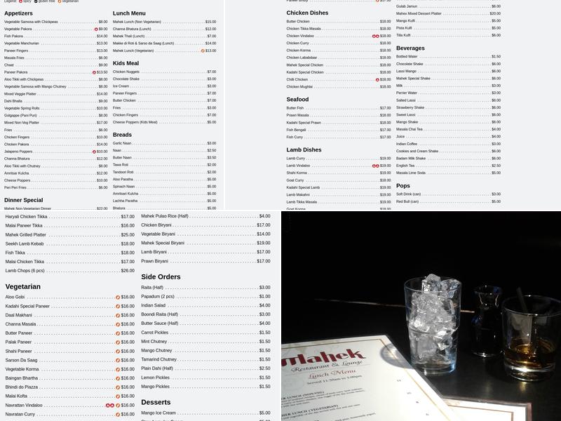 Mahek Indian Restaurant and Lounge Menu