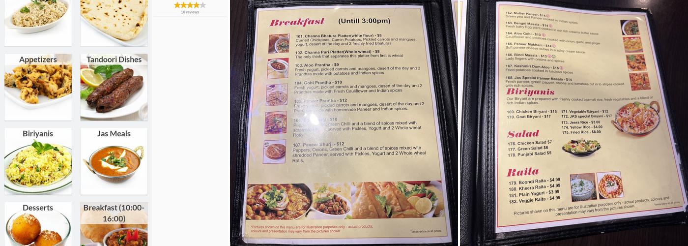 Jas Indian Cuisine Menu