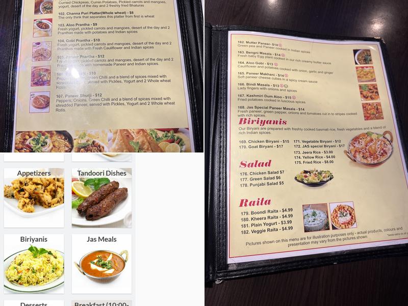 Jas Indian Cuisine Menu