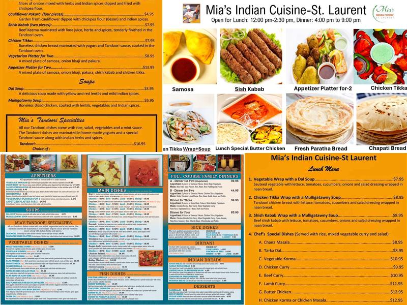 Mia's Indian Cuisine-St.Laurent Menu
