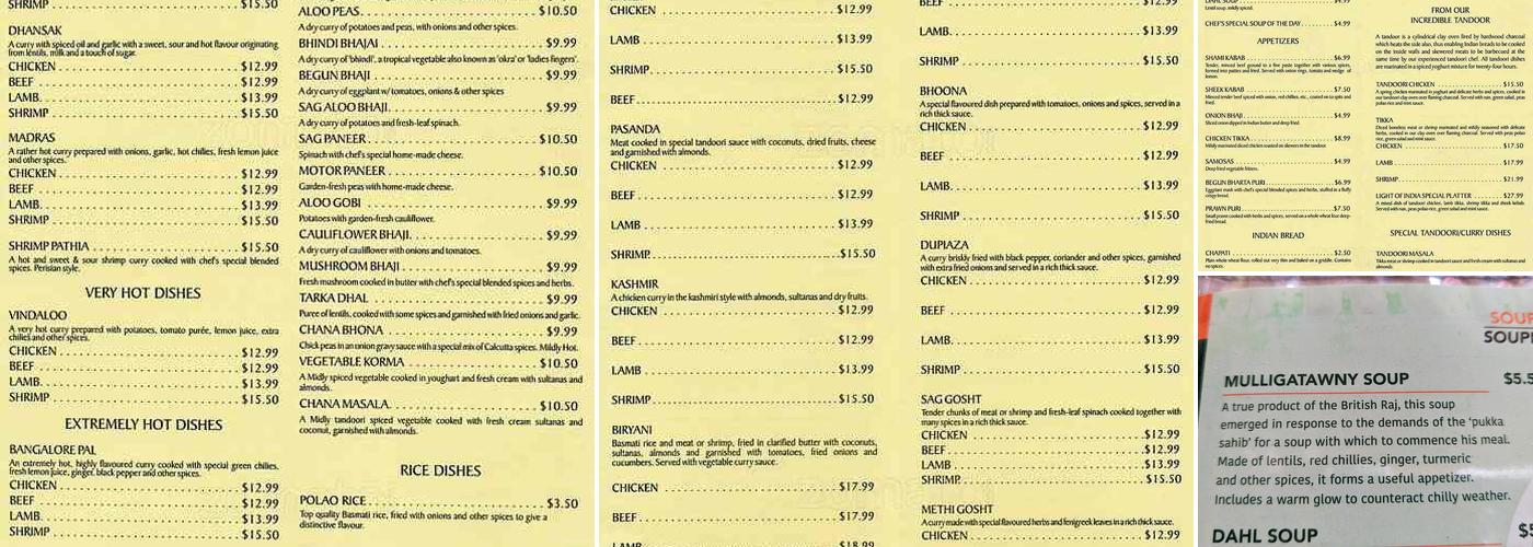 Light of India Restaurant Menu