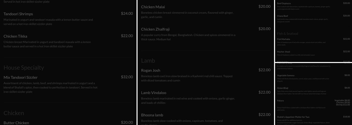 Shafali Bazaar Menu