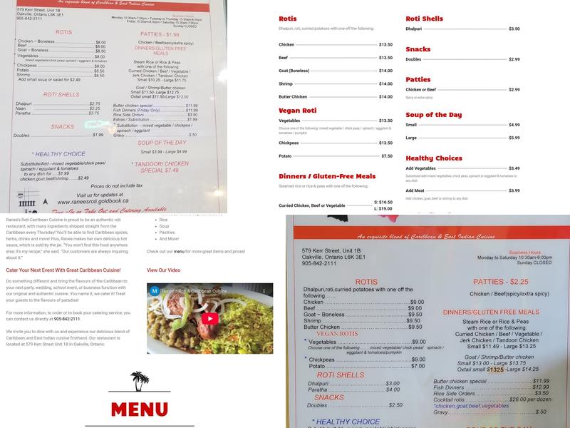 Ranee's Roti Menu