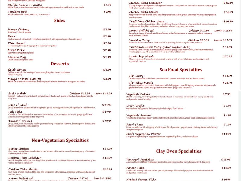 Ambiance Of India Menu