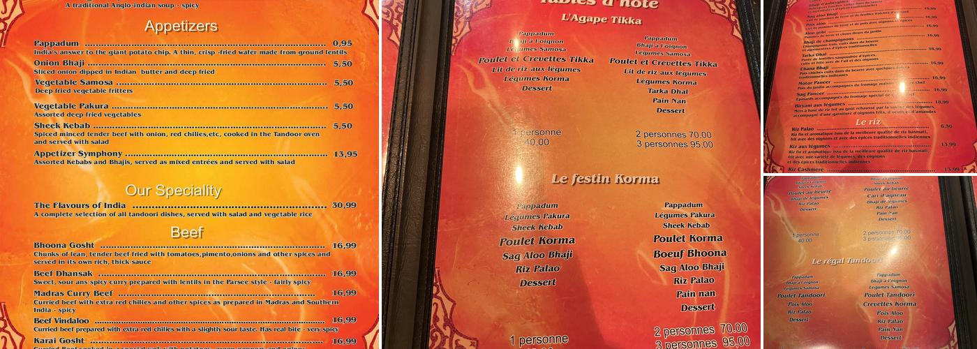 Saveurs de l'Inde Menu