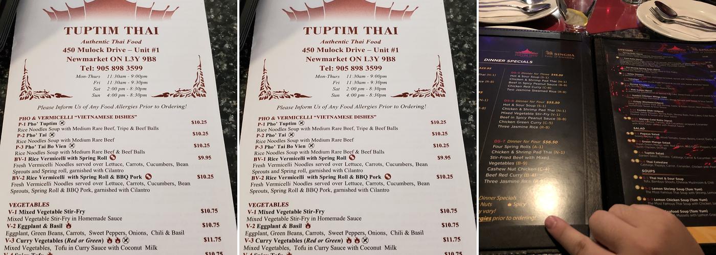 Tuptim Thai Restaurant Menu