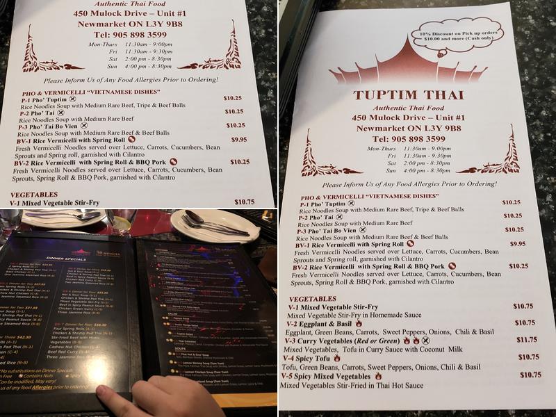 Tuptim Thai Restaurant Menu