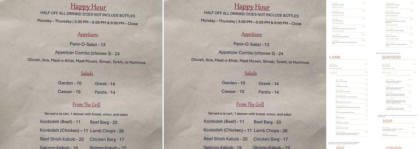 Pardis Restaurant Menu