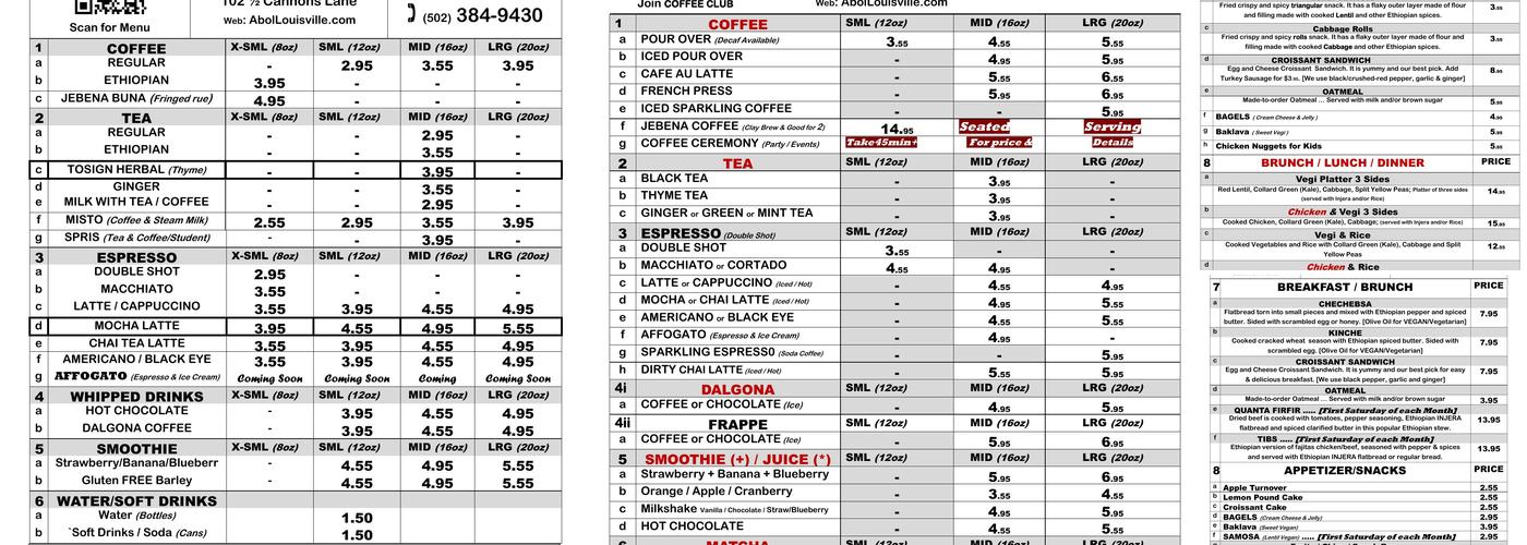 Abol Coffee & Eatery (a.k.a. Abol Cafe) Menu