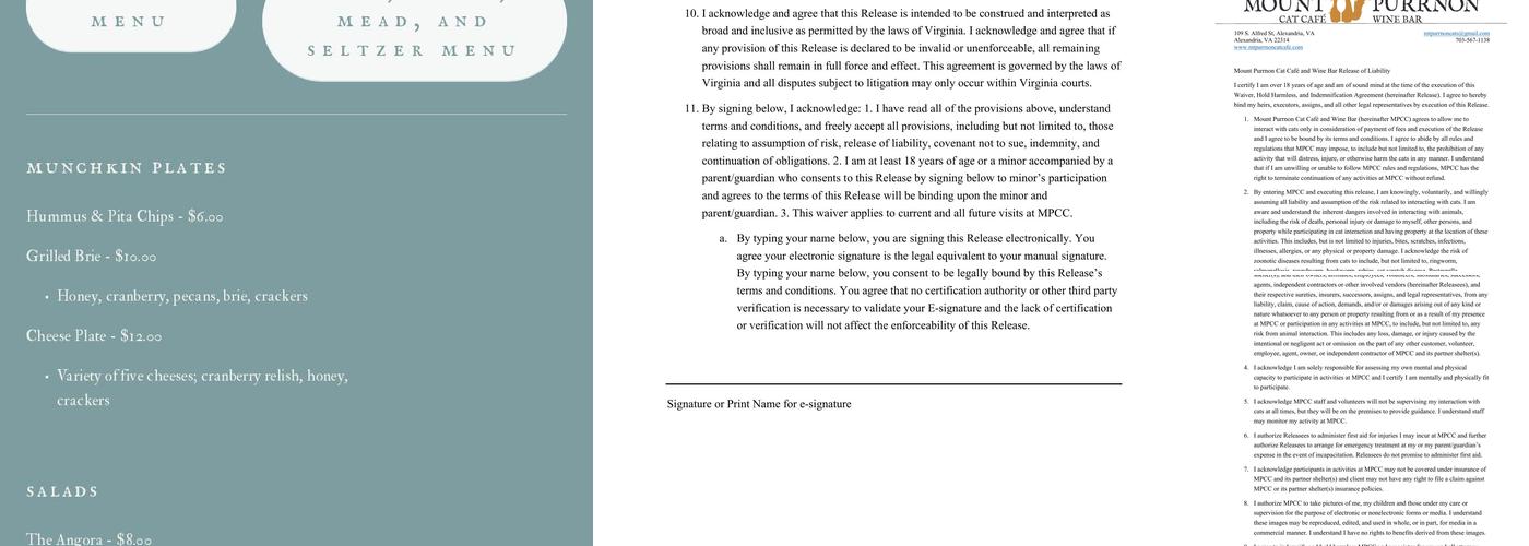 Mount Purrnon Cat Café + Wine Bar Menu