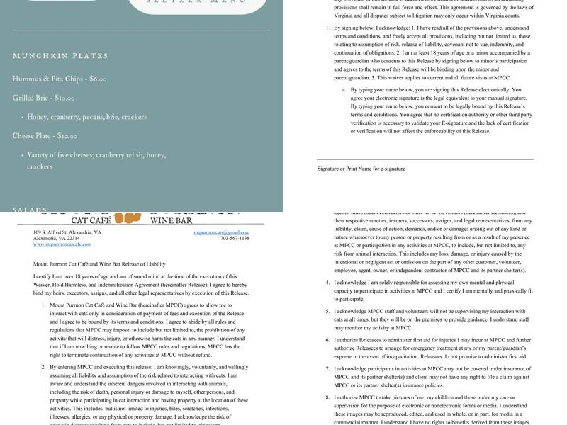 Mount Purrnon Cat Café + Wine Bar Menu