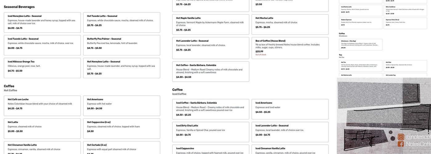 Notes Coffee Co. Menu
