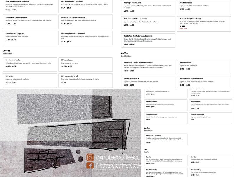 Notes Coffee Co. Menu