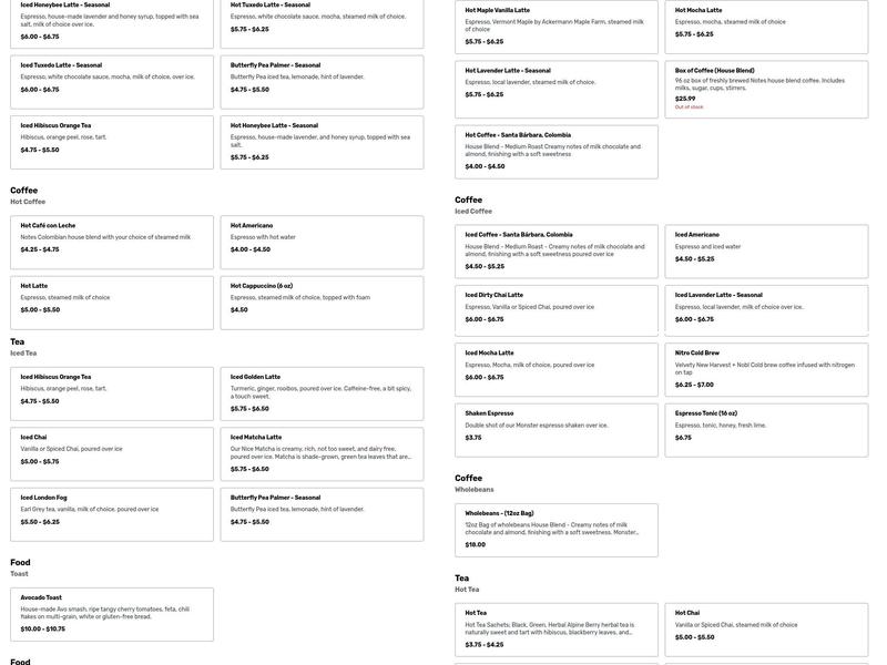 Notes Coffee Co. Menu