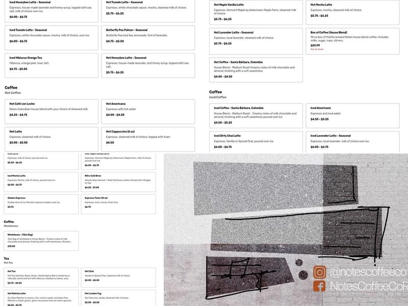 Notes Coffee Co. Menu