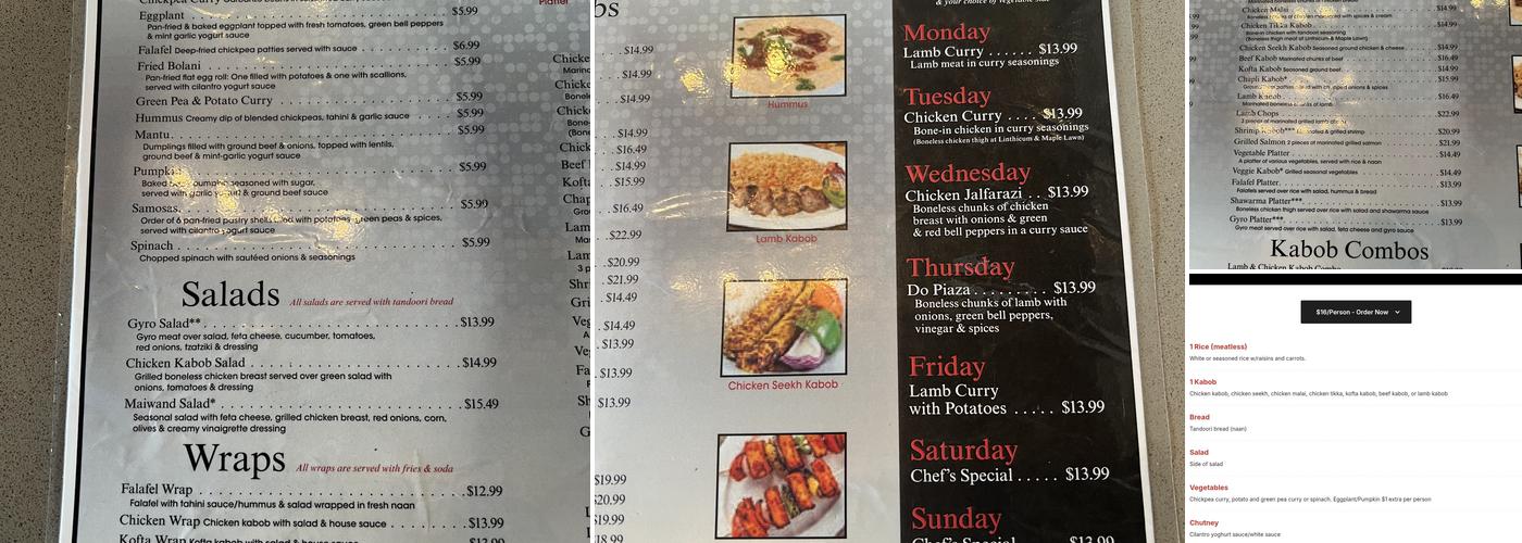 Maiwand Kabob Menu