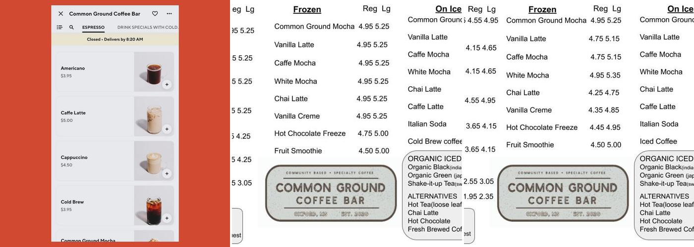 Common Ground Coffee Bar Oxford, MS Menu