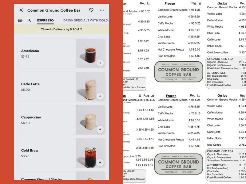 Common Ground Coffee Bar Oxford, MS Menu