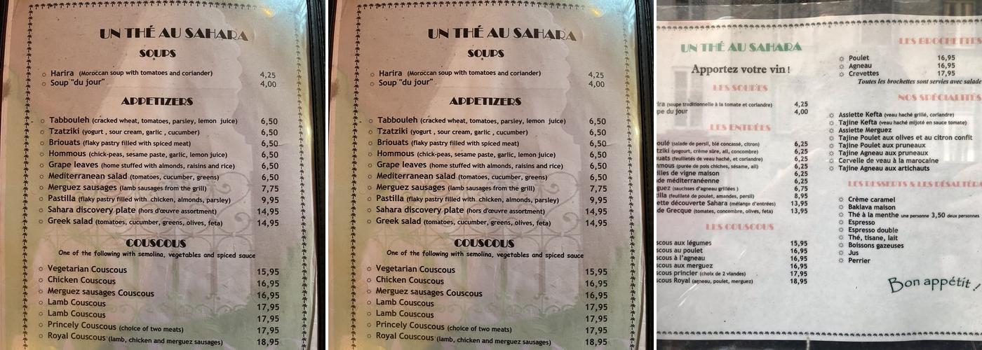 Un thé au Sahara Menu