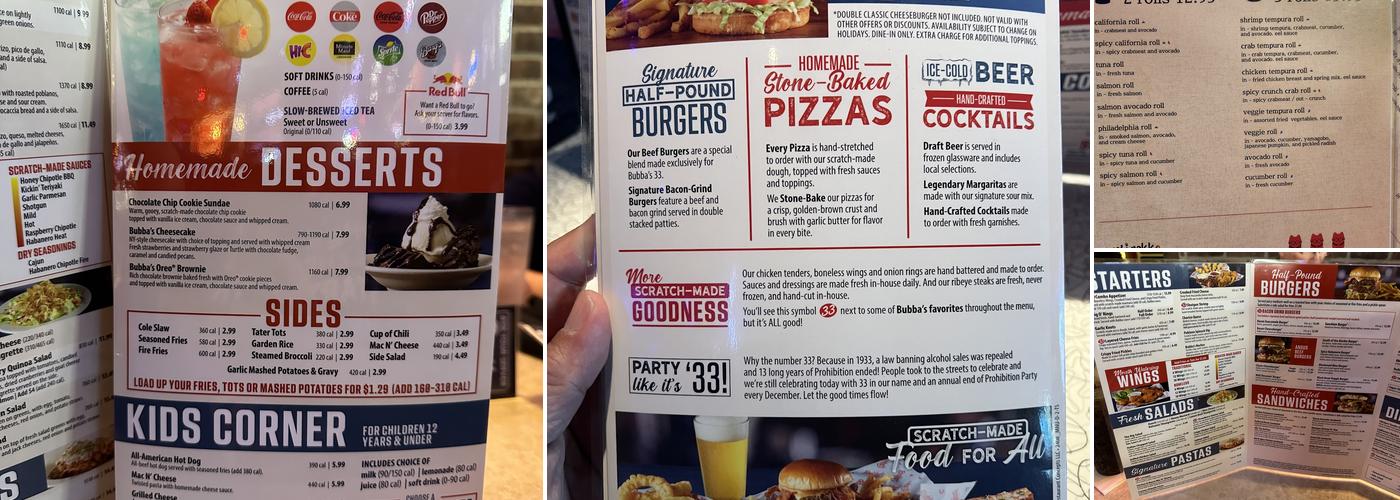 Bubba's 33 Menu