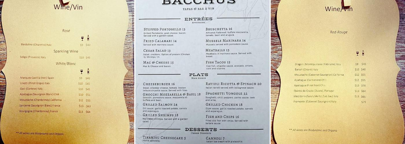 Bacchus Tapas & Bar à Vin Menu