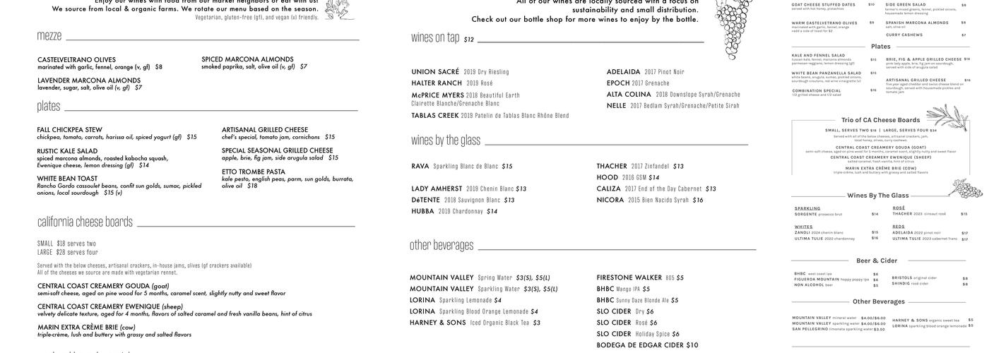 Paso Robles Wine Merchant Menu