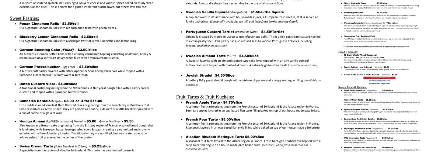 Suisse Chalet Bakery, LLC Menu