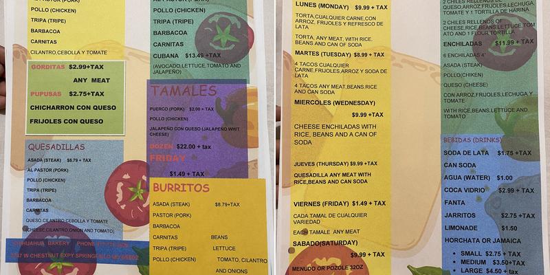 Chihuahua Bakery Menu