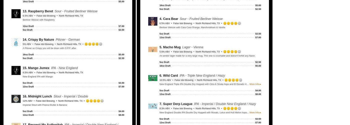 False Idol Brewing Menu