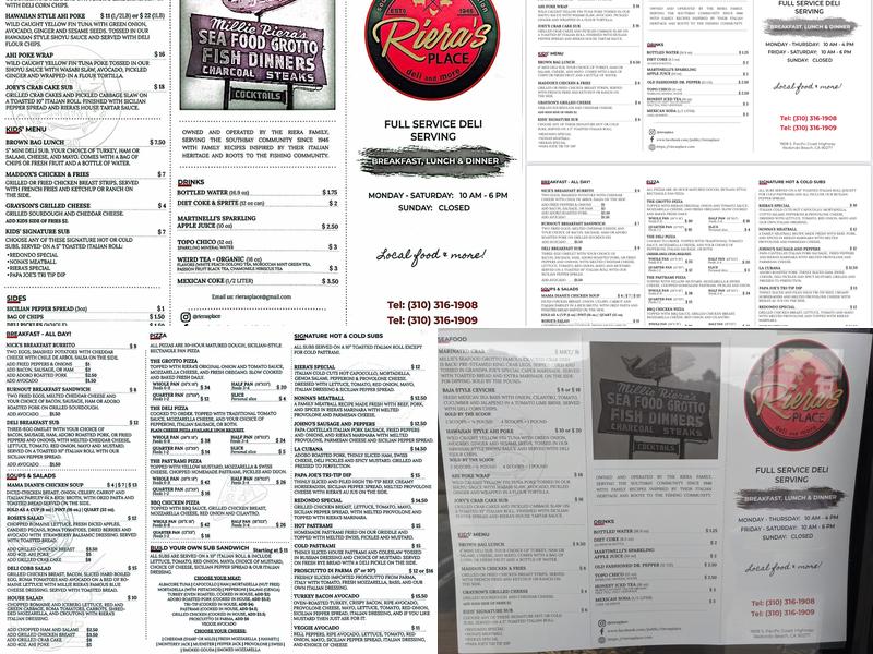 Riera's Place Menu