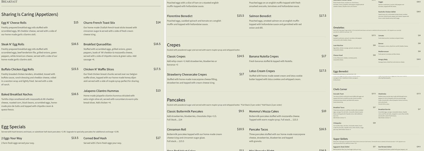 Eggsperts Breakfast Cafe Menu