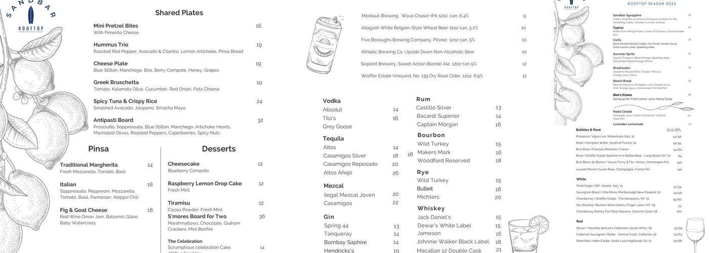 Sandbar Rooftop Menu