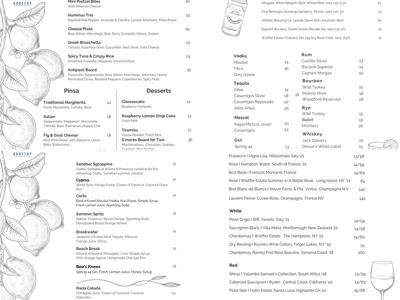 Sandbar Rooftop Menu