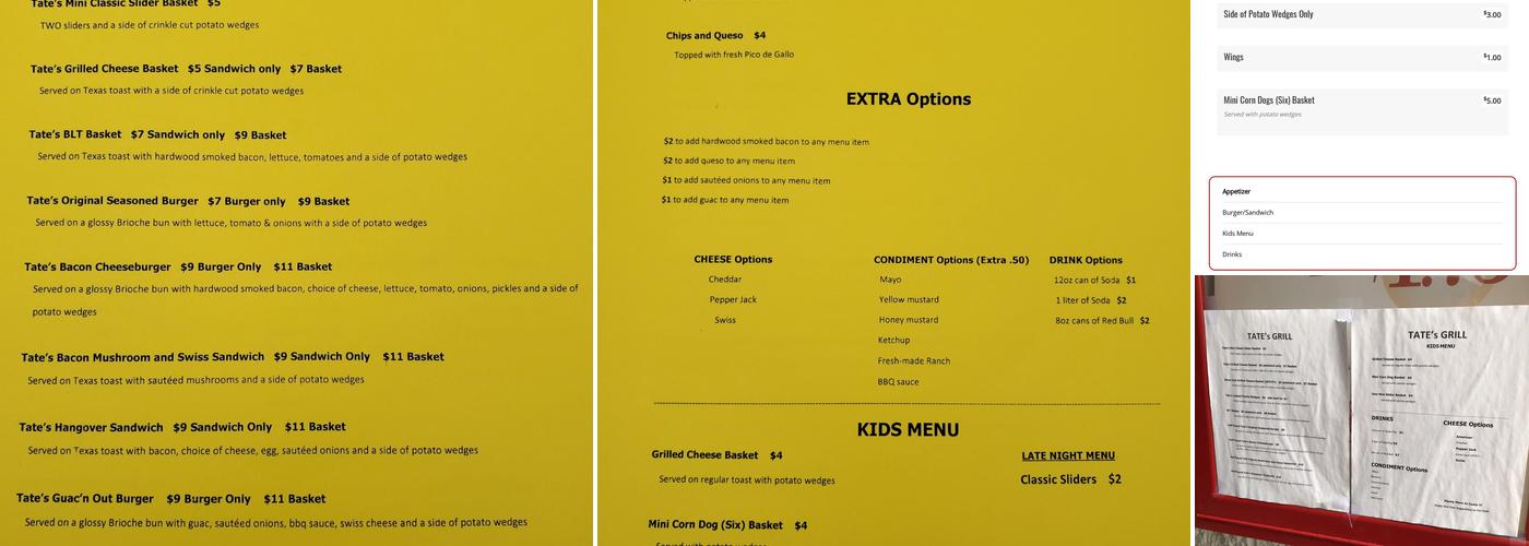 Tate's Menu
