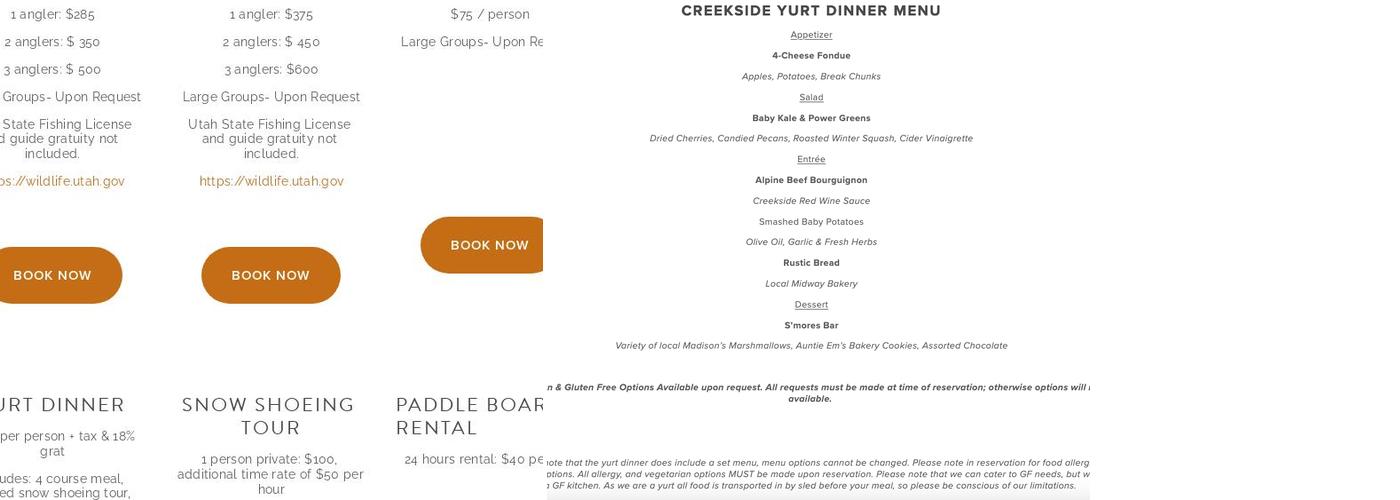 Creekside Yurt Dinner Menu