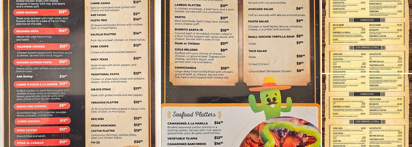 Cactus Grill Tex-Mex Menu
