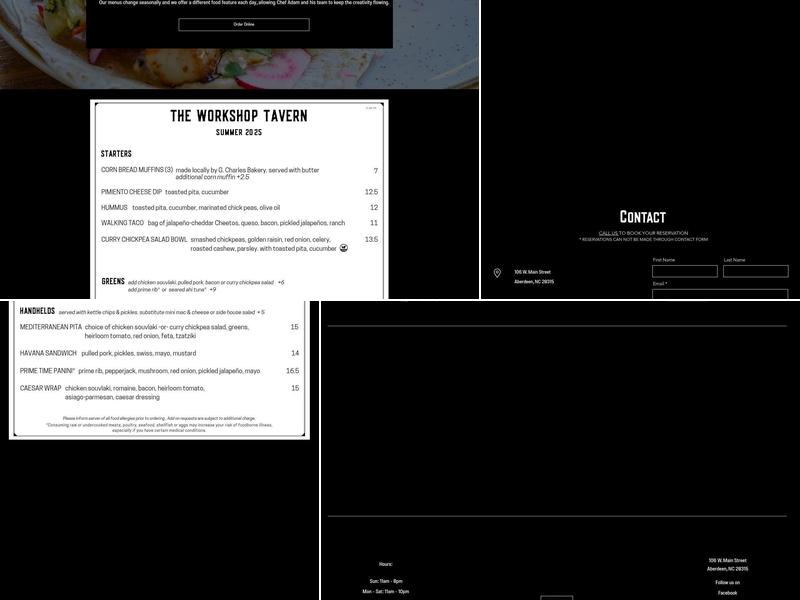 The Workshop Tavern Menu