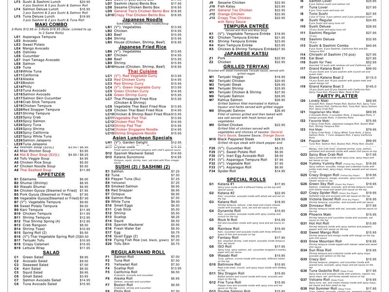Katana Sushi of Elkridge Menu
