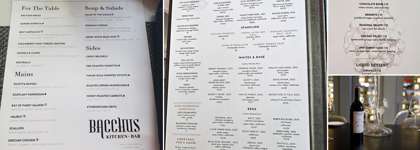 Bacchus Kitchen + Bar Menu