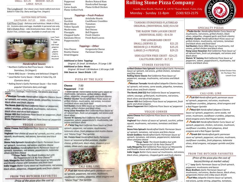 Rolling Stone Pizza Bar Menu