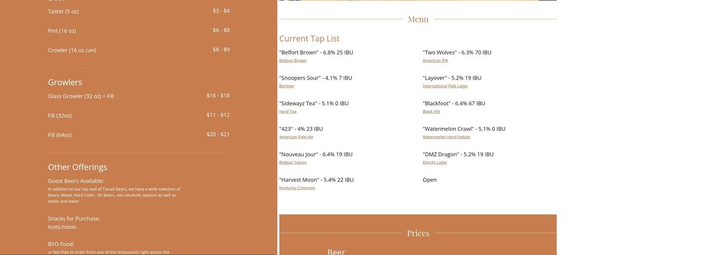 Tanasi Brewing & Supplies Menu